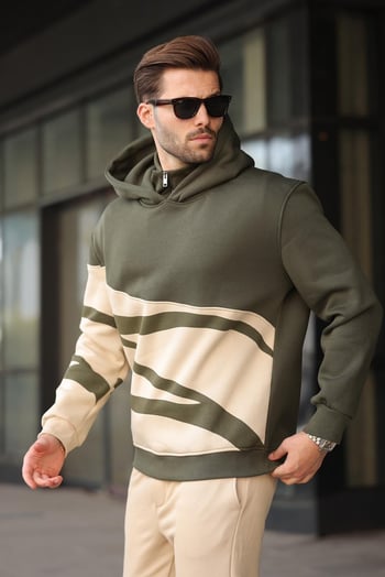 Haki Kapüşonlu Fermuar Yaka Desenli Erkek Sweatshirt E7162