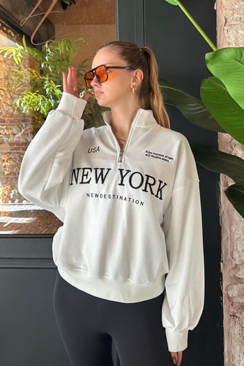 Ekru Yarım Fermuarlı Baskılı Sweatshirt MG2240