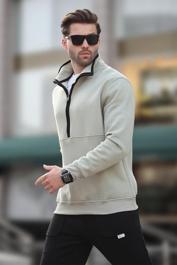 Çağla Yeşili Dik Yaka Yarım Fermuarlı Sweatshirt 7079