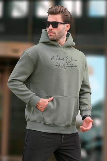 Haki Kapüşonlu Cep Detaylı Baskılı Erkek Sweatshirt 7064