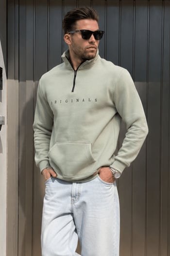 Mint Green Embroided Zip Neck Sweatshirt 6028