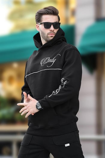 Siyah Kapüşonlu Şerit Detaylı Baskılı Erkek Sweatshirt 7091