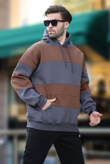 Füme Kapüşonlu Renk Bloklu Cep Detaylı Erkek Sweatshirt 7044