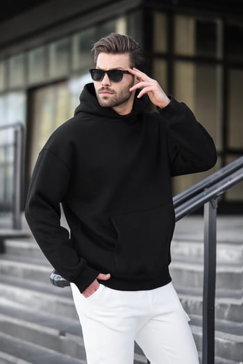 Siyah Kapüşonlu Kanguru Cep Erkek Sweatshirt E7169