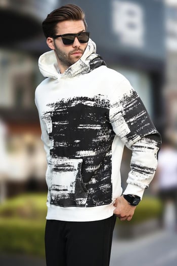 Ekru Kapüşonlu Desenli Cep Detaylı Erkek Sweatshirt 7059