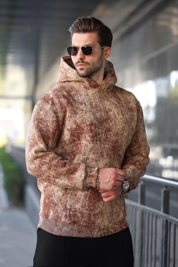 Kahverengi Desenli Kapüşonlu Erkek Sweatshirt E7167