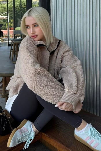 Bej Peluş Fermuar Yaka Sweatshirt MG1413