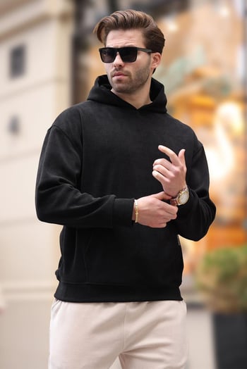 Siyah Kapüşonlu Cep Detaylı Dokulu Sweatshirt E7101