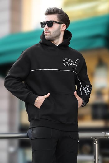 Siyah Kapüşonlu Şerit Detaylı Baskılı Erkek Sweatshirt 7091