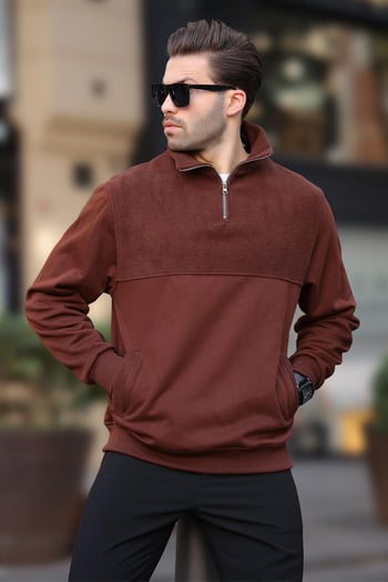 Acı Kahverengi Dik Yaka Yarım Fermuarlı Polar Sweatshirt 7096