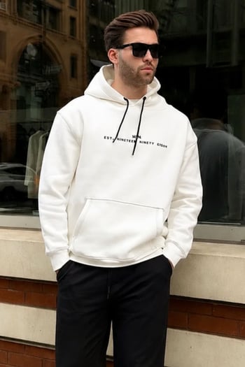 Ekru Kapüşonlu Nakış Detaylı Cepli Erkek Sweatshirt 7066