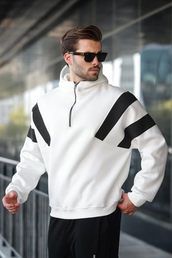 Ekru Fermuarlı Yaka Kapüşonlu Erkek Sweatshirt E7161