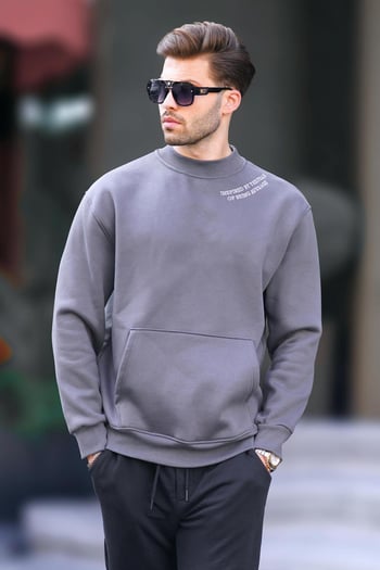 Füme Bisiklet Yaka Nakış Detaylı Cepli Erkek Sweatshirt 7049