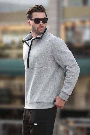 Gri Dik Yaka Yarım Fermuarlı Sweatshirt 7079