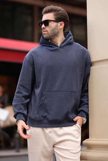 Füme Kapüşonlu Cep Detaylı Dokulu Sweatshirt E7101