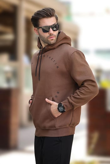 Kapüşonlu Kahverengi Nakışlı Cep Detaylı Overfit Erkek Sweatshirts 7054