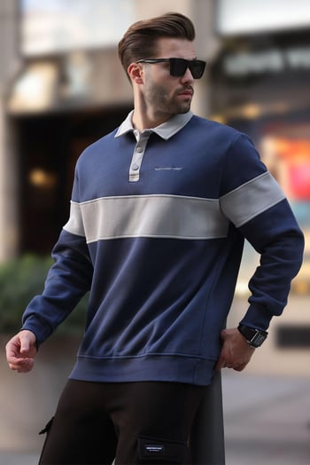 Lacivert Polo Yaka Renk Bloklu Erkek Sweatshirt 7072