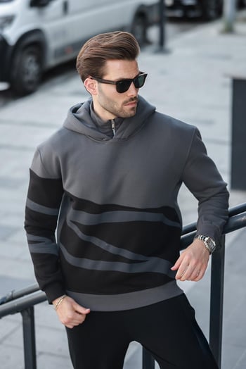 Füme Kapüşonlu Fermuar Yaka Desenli Erkek Sweatshirt E7162