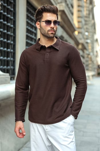 Acı Kahve Gömlek Yaka Dokulu Regular Fit Erkek Sweatshirt E7203