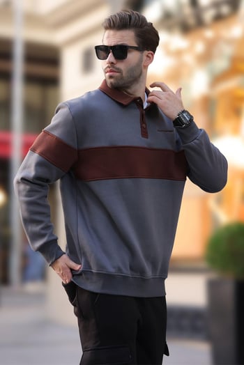 Füme Polo Yaka Renk Bloklu Erkek Sweatshirt 7072