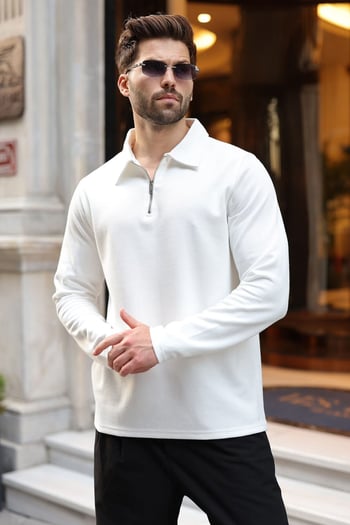 Ekru Yarım Fermuarlı Polo Yaka Dokulu Erkek Sweatshırt E7197