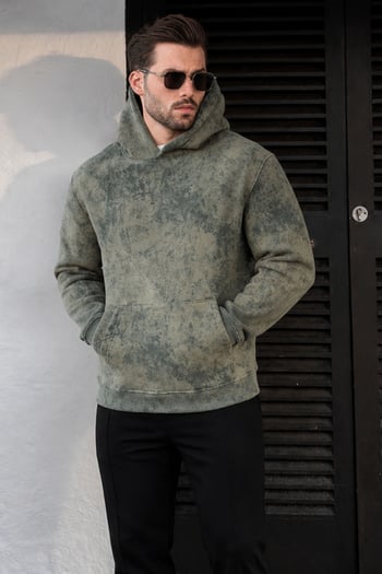 Haki Desenli Kapüşonlu Erkek Sweatshirt E7167