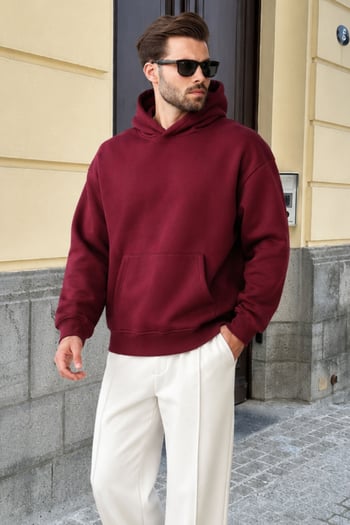 Bordo Kapüşonlu Kanguru Cep Erkek Sweatshirt E7169