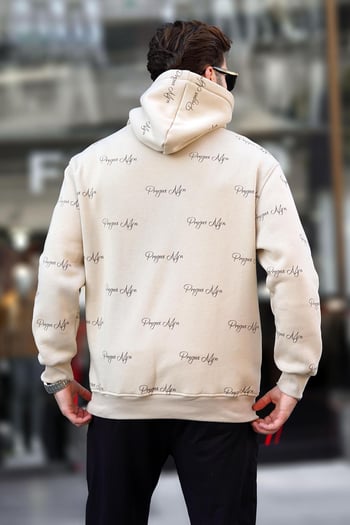 Bej Baskılı Kapşonlu Cep Detaylı Erkek Sweatshirt 7075