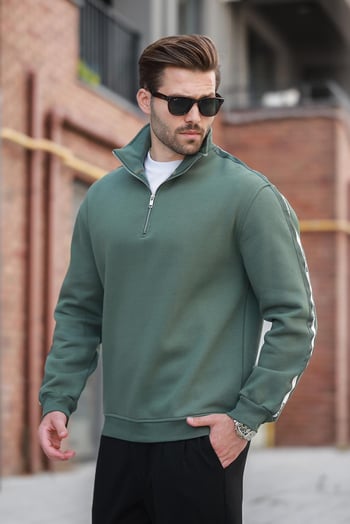 Haki Fermuarlı Yarım Balıkçı Yaka Erkek Sweatshirt E7164