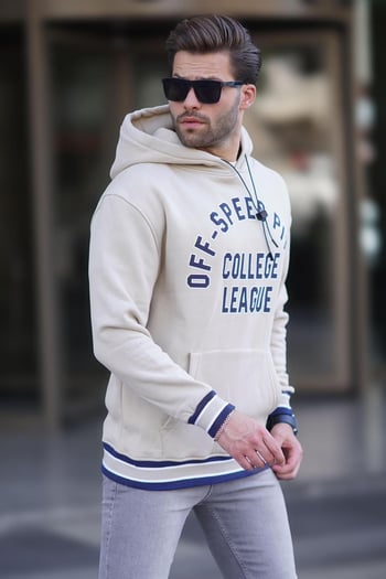 Bej Kapüşonlu Cep Detaylı Baskılı Erkek Sweatshirt 7068