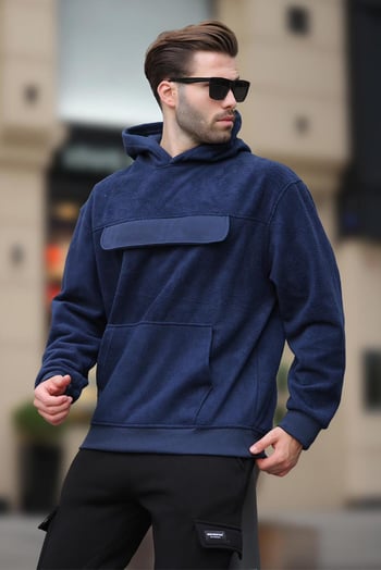 Lacivert Kapüşonlu Kapaklı Cep Detaylı Polar Erkek Sweatshirt 7097