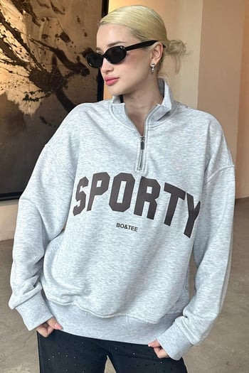 Karmelanj Yarım Fermuarlı Baskılı Sweatshirt MG2212