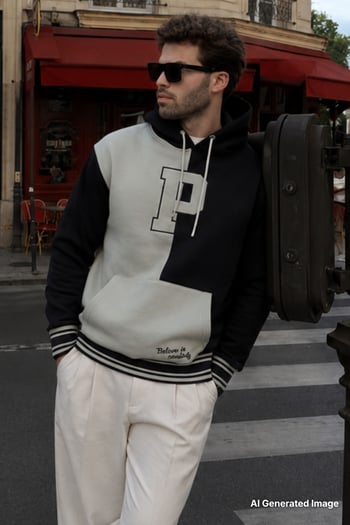 Siyah Renk Bloklu Kapüşonlu Cep Detaylı Baskılı Erkek Sweatshirt 7078