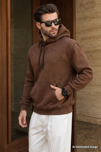 Kapüşonlu Kahverengi Nakışlı Cep Detaylı Overfit Erkek Sweatshirts 7054
