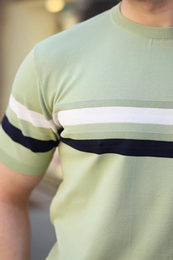 Madmext Çağla Yeşili Bisiklet Yaka Çizgili Erkek T-shirt E7412