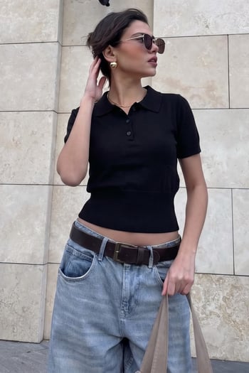 Siyah Slim Fit Polo Yaka Triko Tişört MG2805
