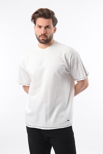 Madmext Ekru Bisiklet Yaka Basic Erkek Tişört E7105