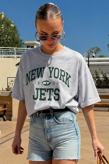 Gri Baskılı Tişört  Oversize Kadın Tişört MG1226