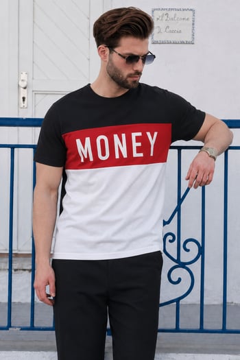 Madmext Renk Bloklu Yazı Detaylı Siyah Tişört 3077