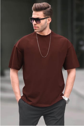 Erkek Acı Kahverengi Oversize Fit Basic Tişört 6066