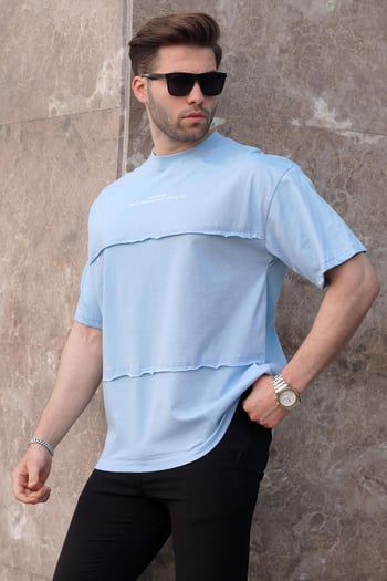 Mavi Oversize Baskılı Bisiklet Yaka Tişört 7017
