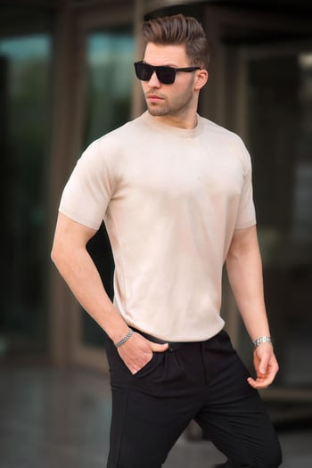 Bej Bisiklet Yaka Basic Erkek Tişört 6883