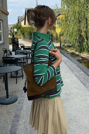 Yeşil Çizgili Düğmeli  Polo Yaka Kadın Uzun Kollu Tişört  MG2574