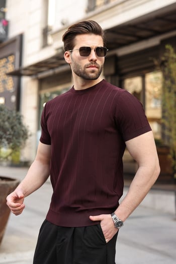 Madmext Erkek Bordo Triko Tişört 5684