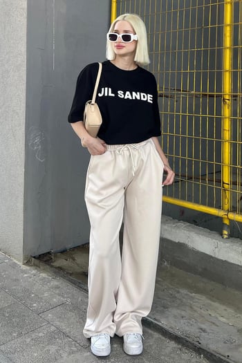 Siyah Oversize Baskılı Bisiklet Yaka Kısa Kollu Tişört MG2126