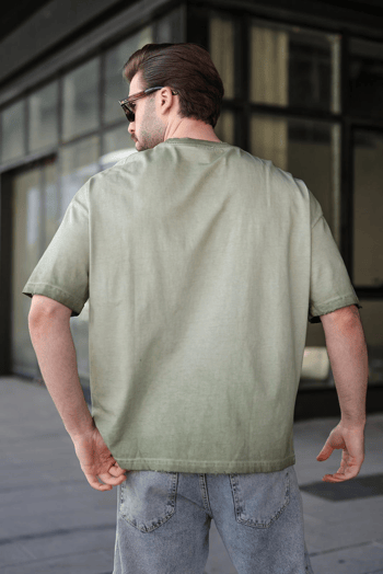 Haki %100 Pamuklu Bisiklet Yaka Oversize Erkek Tişört E7177