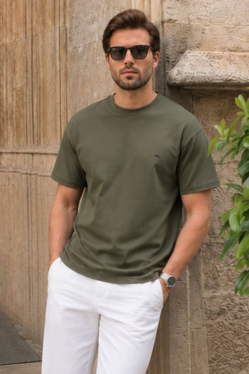 Haki Nakış Detaylı Erkek T-shirt E7112