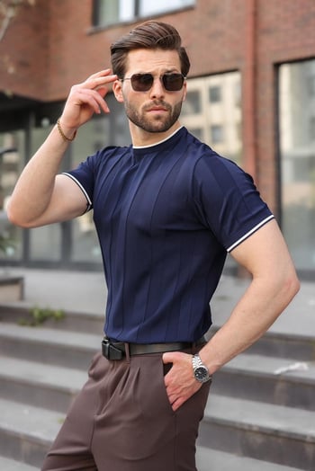 Lacivert Bisiklet Yaka Regular Fit Triko Erkek Tişört E7487