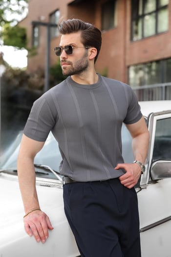Antrasit Regular Fit Bisiklet Yaka Fitilli Triko Erkek Tişört E7490