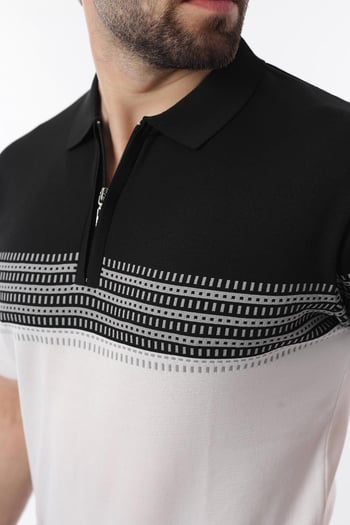 Siyah Fermuarlı Polo Yaka Desenli Erkek T-shirt E7296